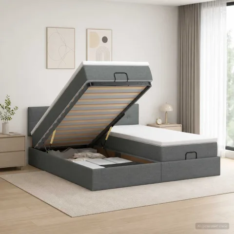 vidaXL Pat ottoman cu saltea cu headboard 2 buc. Gri închis Țesătură
