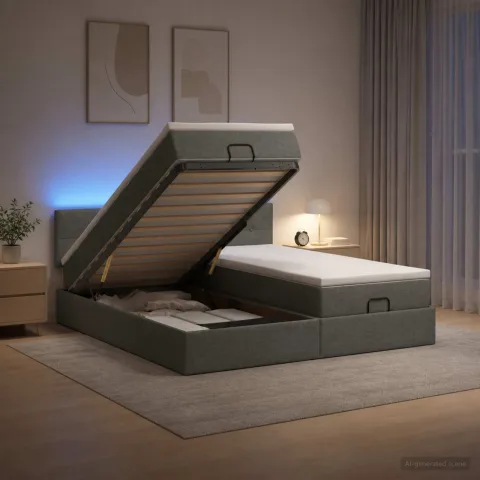 vidaXL Pat Ottoman cu Saltea și LED Gri închis 160 x 200 cm Țesătură