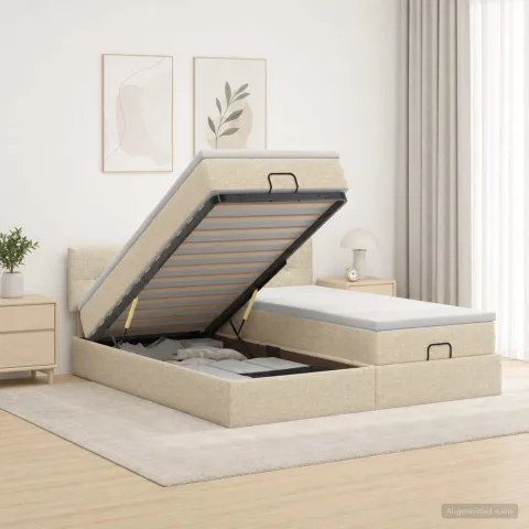vidaXL Pat Ottoman cu Saltea și LED Crem 180 x 200 cm Țesătură