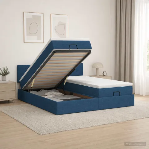 vidaXL Pat Ottoman cu Saltea și LED albastru 200 x 200 cm Țesătură