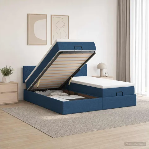 vidaXL Pat ottoman cu saltea cu headboard 2 buc. albastru Țesătură