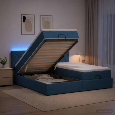 vidaXL Pat Ottoman cu Saltea și LED albastru 200 x 200 cm Țesătură