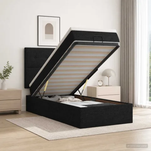 vidaXL Pat ottoman cu saltea cu headboard Negru 90 x 200 cm Țesătură