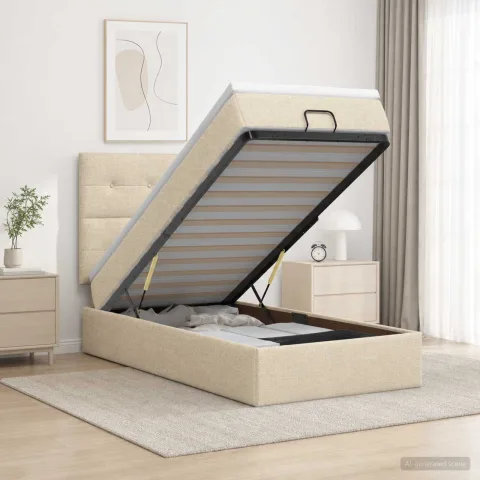 vidaXL Pat ottoman cu saltea cu headboard Crem 90 x 200 cm Țesătură