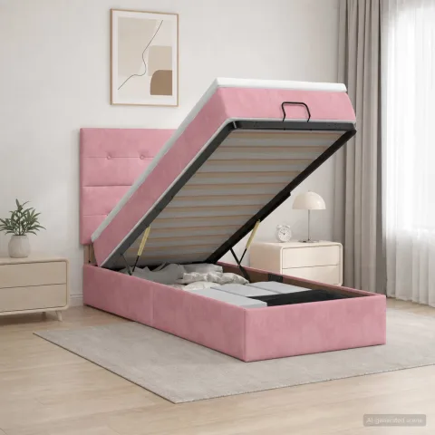 vidaXL Pat Ottoman cu Saltea și LED Roz 100 x 200 cm Catifea