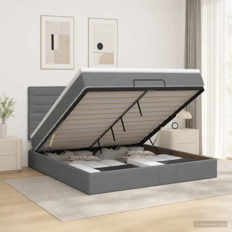 vidaXL Pat Ottoman cu Saltea și LED Gri închis 140 x 200 cm Țesătură