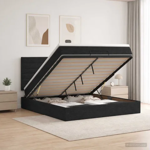 vidaXL Pat ottoman cu saltea cu headboard Negru 160 x 200 cm Țesătură