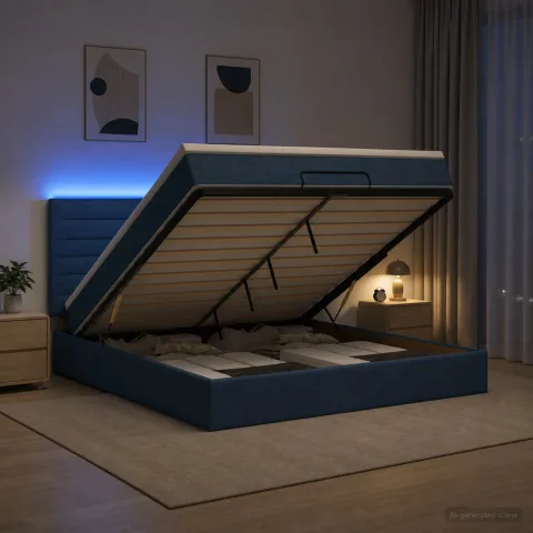 vidaXL Pat Ottoman cu Saltea și LED albastru 180 x 200 cm Țesătură