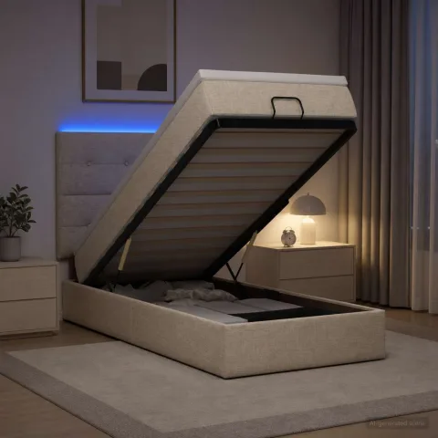 vidaXL Pat Ottoman cu Saltea și LED Crem 90 x 200 cm Țesătură