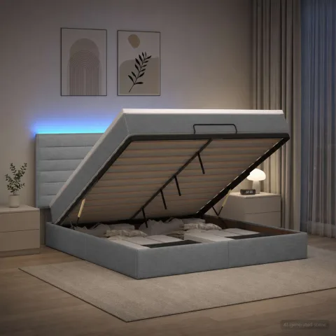 vidaXL Pat Ottoman cu Saltea și LED Gri deschis 160 x 200 cm Țesătură