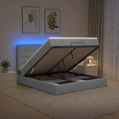 vidaXL Pat Ottoman cu Saltea și LED Gri deschis 180 x 200 cm Țesătură