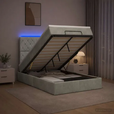 vidaXL Pat Ottoman cu Saltea și LED Gri deschis 120 x 200 cm Catifea