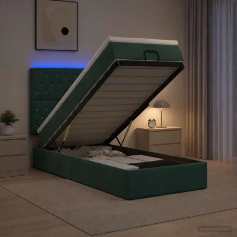 vidaXL Pat Ottoman cu Saltea și LED Verde închis 100 x 200 cm Catifea
