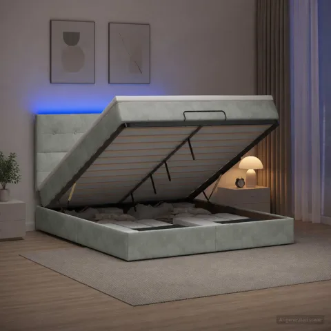 vidaXL Pat Ottoman cu Saltea și LED Gri deschis 160 x 200 cm Catifea