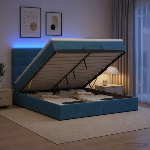 vidaXL Pat Ottoman cu Saltea și LED Albastru închis 140 x 200 cm