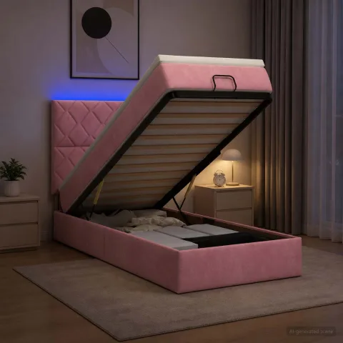 vidaXL Pat Ottoman cu Saltea și LED Roz 90 x 200 cm Catifea