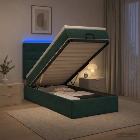 vidaXL Pat Ottoman cu Saltea și LED Verde închis 100 x 200 cm Catifea