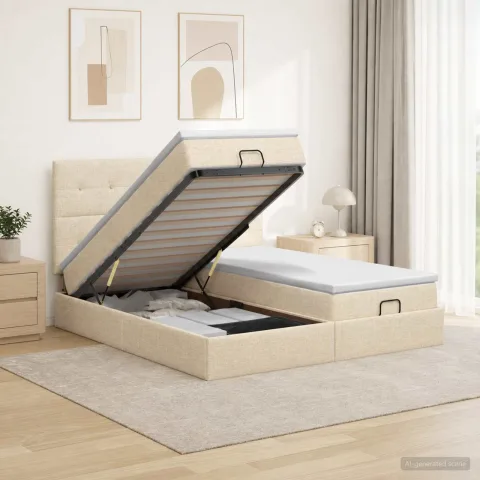 vidaXL Pat Ottoman cu Saltea și LED Crem 180 x 200 cm Țesătură