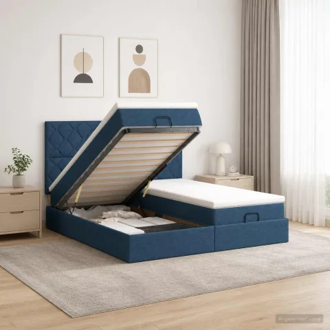 vidaXL Pat ottoman cu saltea cu headboard 2 buc. albastru Țesătură