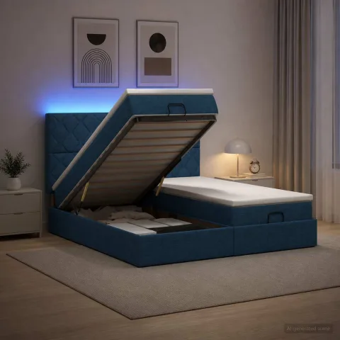 vidaXL Pat Ottoman cu Saltea și LED albastru 200 x 200 cm Țesătură
