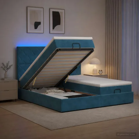 vidaXL Pat Ottoman cu Saltea și LED Albastru închis 200 x 200 cm
