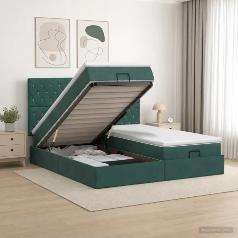 vidaXL Pat Ottoman cu Saltea și LED Verde închis 200 x 200 cm Catifea