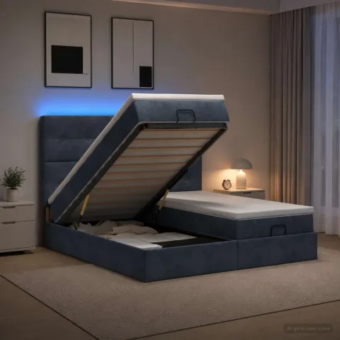 vidaXL Pat Ottoman cu Saltea și LED Gri închis 160 x 200 cm Catifea
