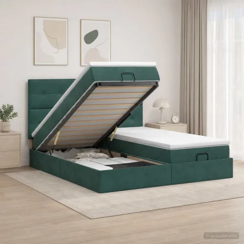 vidaXL Pat ottoman cu saltea cu headboard 2 buc. Verde închis Catifea