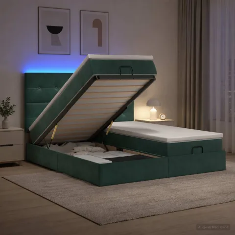 vidaXL Pat Ottoman cu Saltea și LED Verde închis 200 x 200 cm Catifea