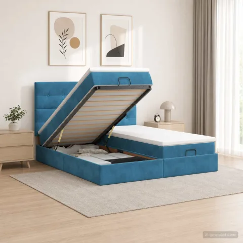 vidaXL Pat Ottoman cu Saltea și LED Albastru închis 200 x 200 cm