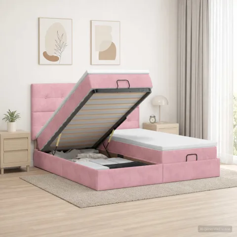 vidaXL Pat ottoman cu saltea cu headboard 2 buc. Roz Catifea