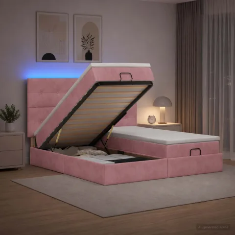 vidaXL Pat Ottoman cu Saltea și LED Roz 200 x 200 cm Catifea