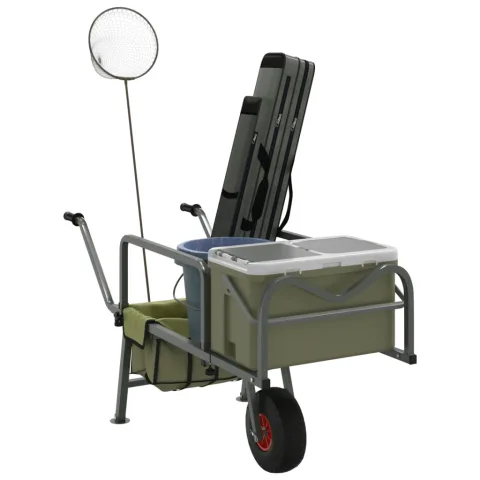 vidaXL Cărucior de pescuit cu roată, verde, oțel vopsit electrostatic