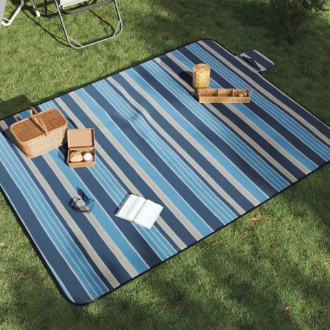 vidaXL Pătură picnic pliabilă, dungi albastre alb, 200x150 cm catifea