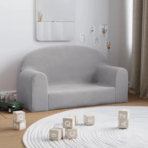 vidaXL Canapea pentru copii cu 2 locuri, gri deschis, pluș moale