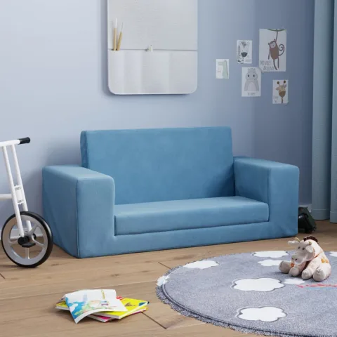 vidaXL Canapea extensibilă de copii cu 2 locuri, albastru, pluș moale