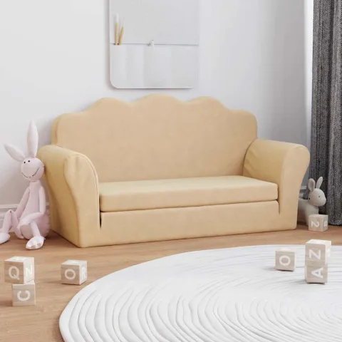 vidaXL Canapea extensibilă de copii cu 2 locuri, crem, pluș moale