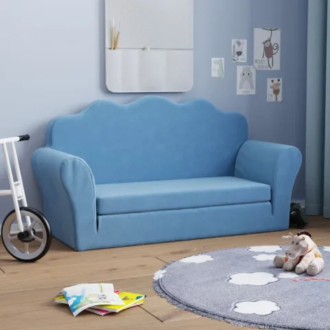 vidaXL Canapea extensibilă de copii cu 2 locuri, albastru, pluș moale