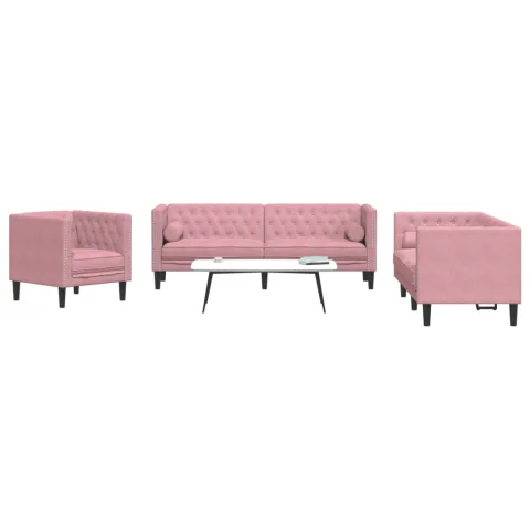 vidaXL Set canapele Chesterfield cu perne rulou, 3 piese, roz, catifea