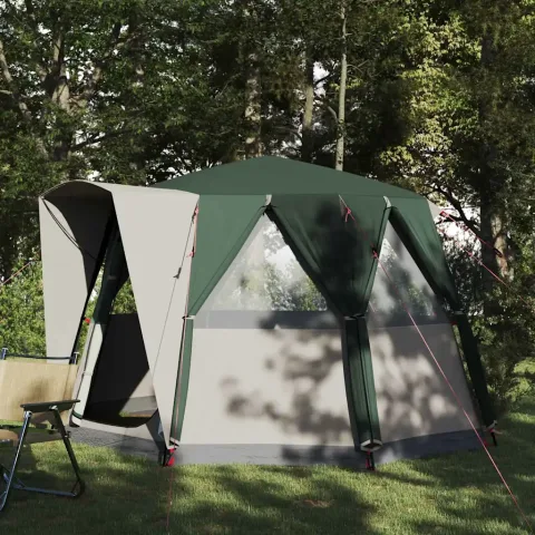 vidaXL Cort cabană pentru 3 persoane Verde și alb 320 x 320 x 203 cm