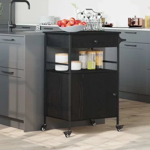 vidaXL Troler de Bucătărie Stejar Negru 56 x 43 x 89,5 cm
