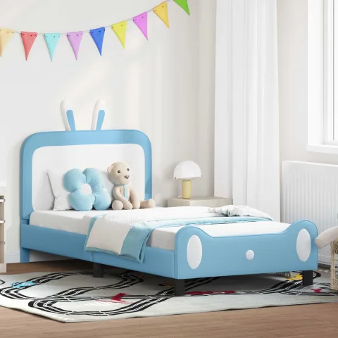 vidaXL Cadru de pat pentru copii cu spătar albastru 90 x 200 cm PU