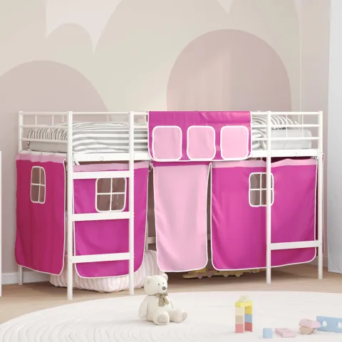vidaXL Cadru de pat supraetajat pentru copii cu perdele Alb și roz