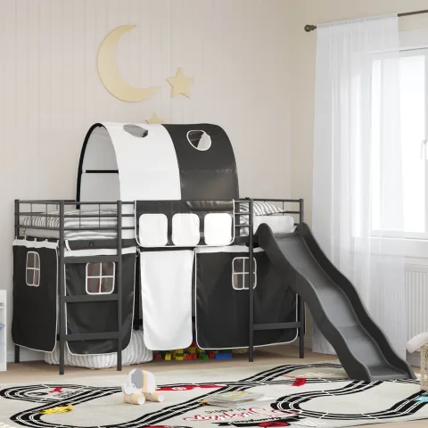 vidaXL Cadru de pat supraetajat pentru copii cu perdele Negru Metal