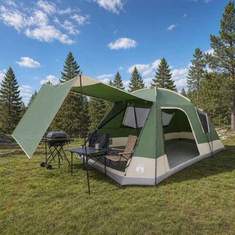 vidaXL Tent Cabină cu acoperiș Verde 12-Persoane Poliester și oțel