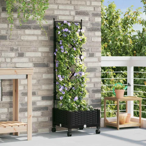 vidaXL Vază de gradină cu spalier și roți Negru 40 x 40 x 131,5 cm PP