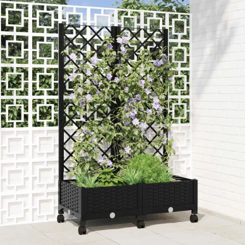 vidaXL Vază de gradină cu spalier și roți Negru 80 x 40 x 131,5 cm PP