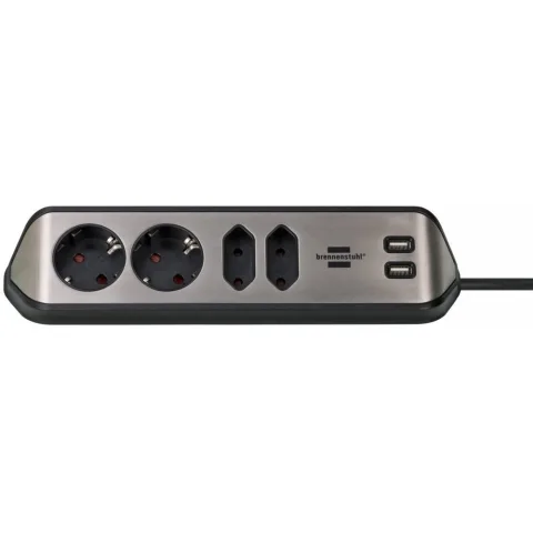 Prelungitor pentru perete/colt Brennenstuhl Estilo 4 prize, 2 USB, 3.1 A, 2m Inox, adeziv inclus, argintiu-negru 1153590410