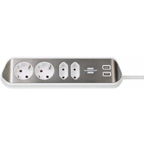 Prelungitor pentru perete/colt Brennenstuhl Estilo 4 prize, 2 USB, 3.1 A, 2m inox, adeziv inclus, argintiu-alb 1153590420