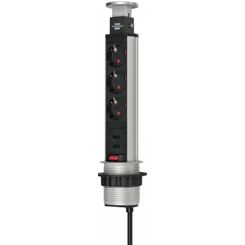 Prelungitor incorporabil Brennenstuhl 3 prize, 2xUSB, retractabil pentru blat de bucatarie sau birou, cablu 2 M 1396200013